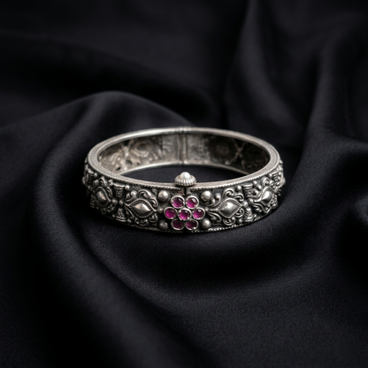 Antique Floral Silver Kada Bracelet