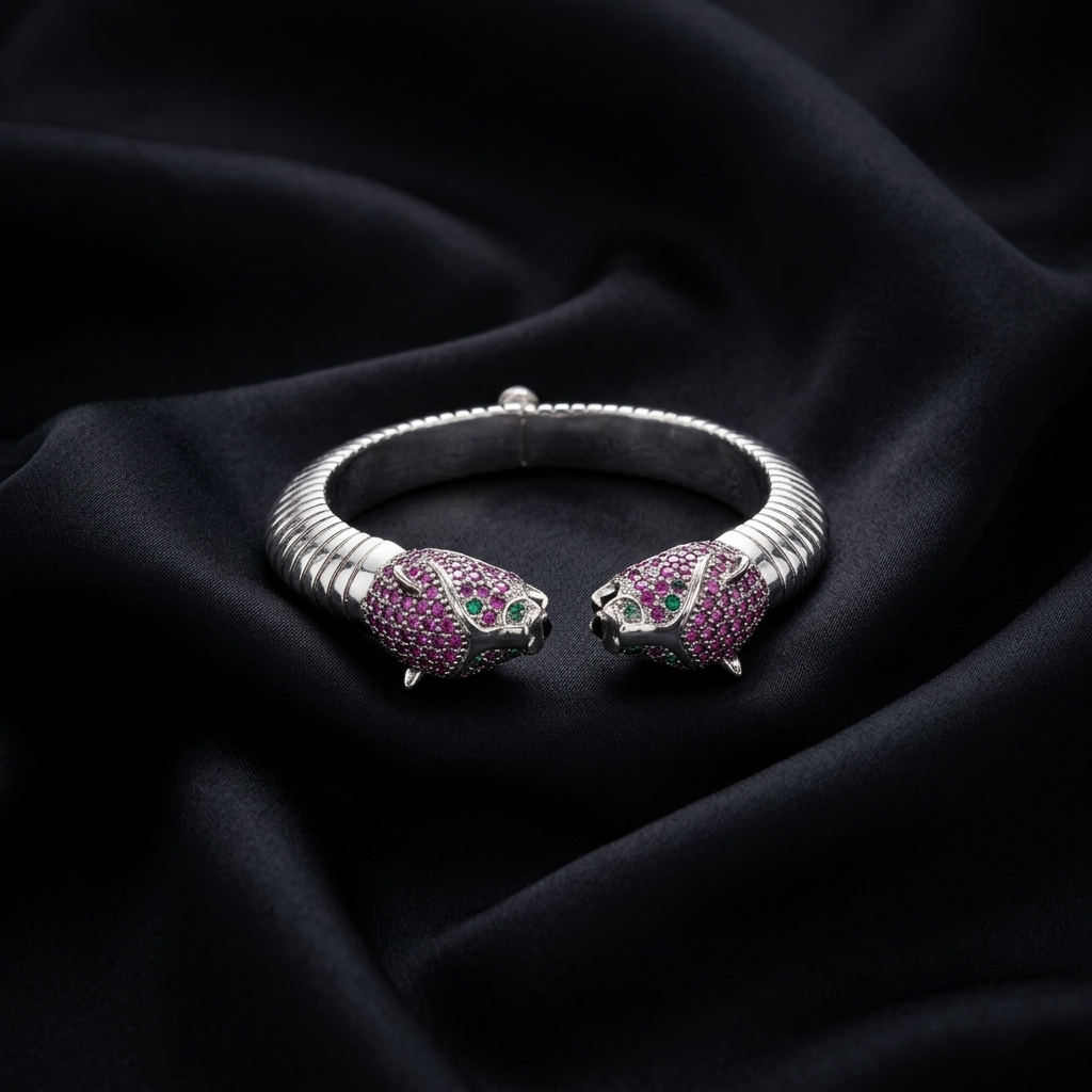 Sparkling Dual-Leopard 92.5 Sterling Silver Kada