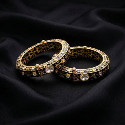 Handcrafted Floral Black Enamel Silver Kada