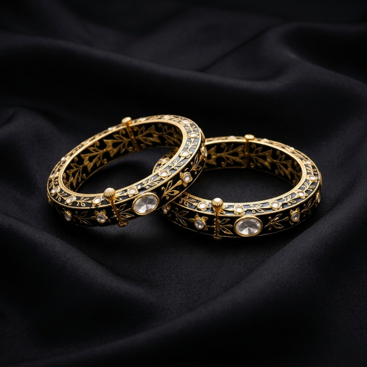 Handcrafted Floral Black Enamel Silver Kada