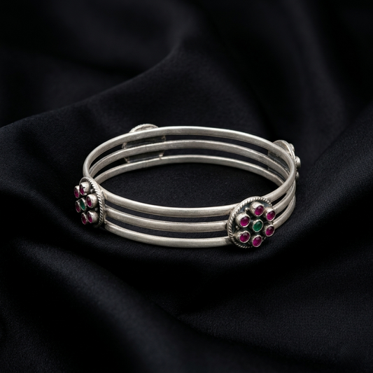 Handcrafted Triple-Band Ruby Silver Kada