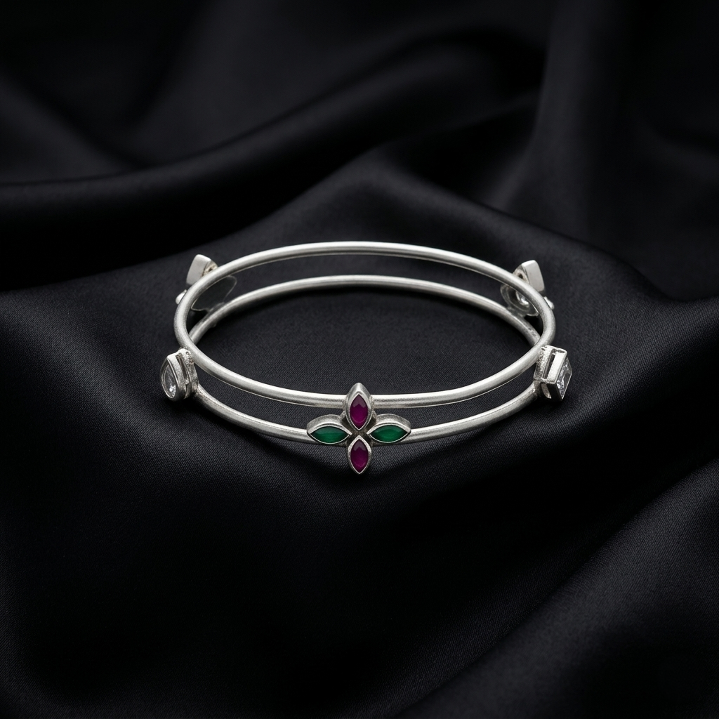 Dual-Band Silver Kada with Floral Accents