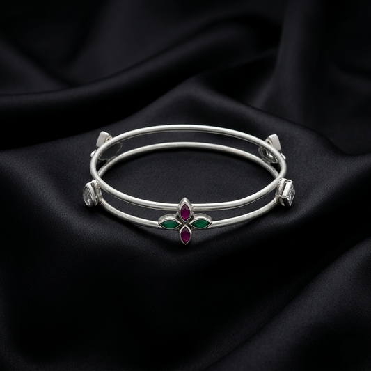 Dual-Band Silver Kada with Floral Accents