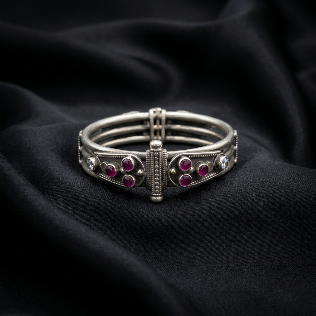 Oxidized Silver Ruby Studded Kada Bracelet