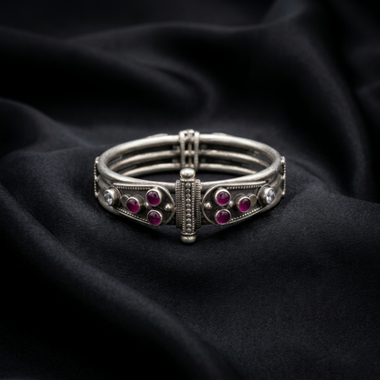 Oxidized Silver Ruby Studded Kada Bracelet