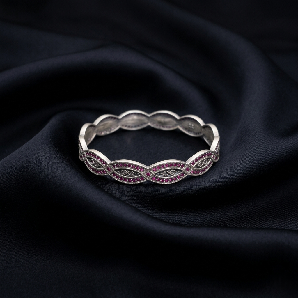 Intricate Silver Ruby-Encrusted Infinity Kada