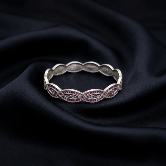 Intricate Silver Ruby-Encrusted Infinity Kada