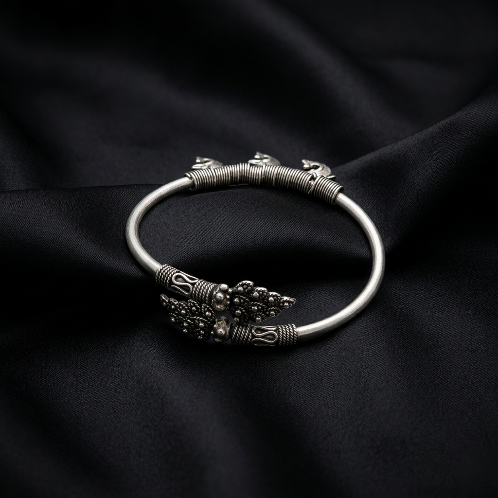 Ornate Oxidized Silver Filigree Kada Bracelet