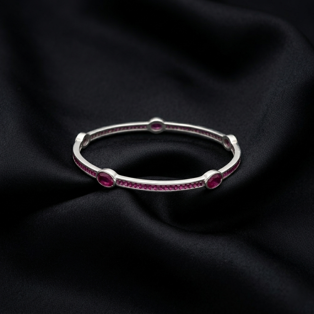 Elegant Silver Ruby-Stoned Kada Bracelet