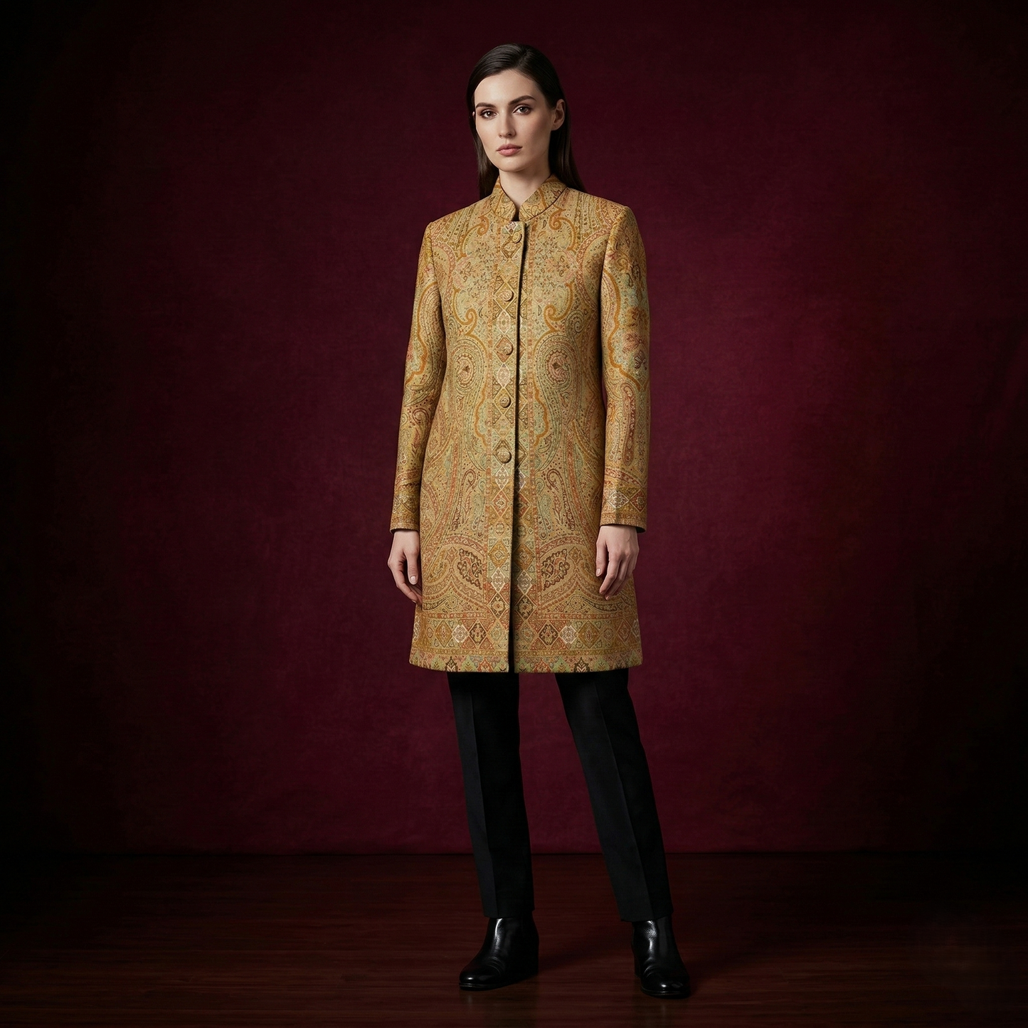 Ochre Paisley Silk Mandarin Collar Tunic Long Coat