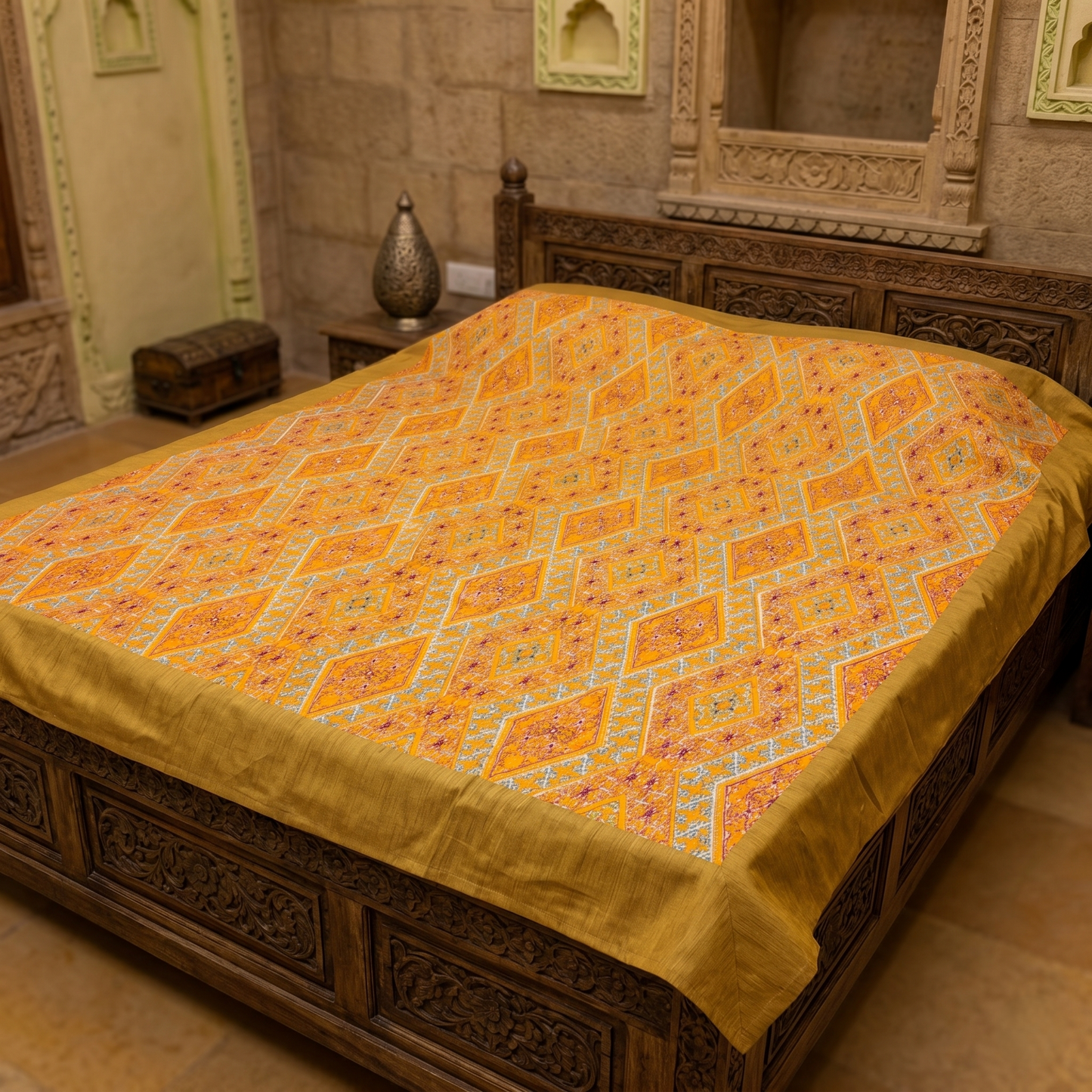 Golden Mustard Geometric Silk Luxury Bedcover