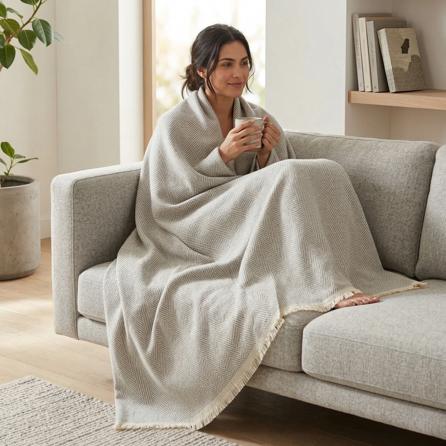 Elegant Sage Herringbone Hand Woven Blanket