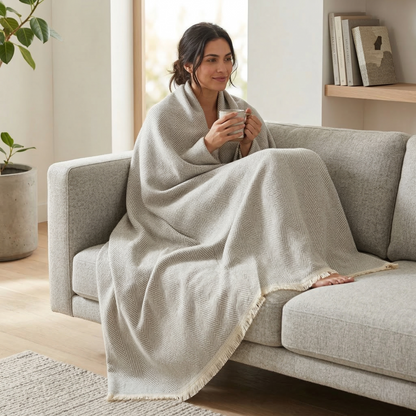 Elegant Sage Herringbone Hand Woven Blanket