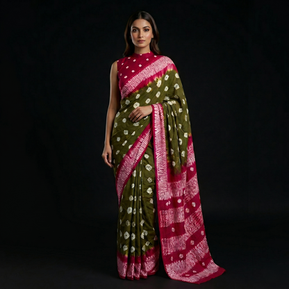 Elegant Olive and Magenta Bandhani Saree