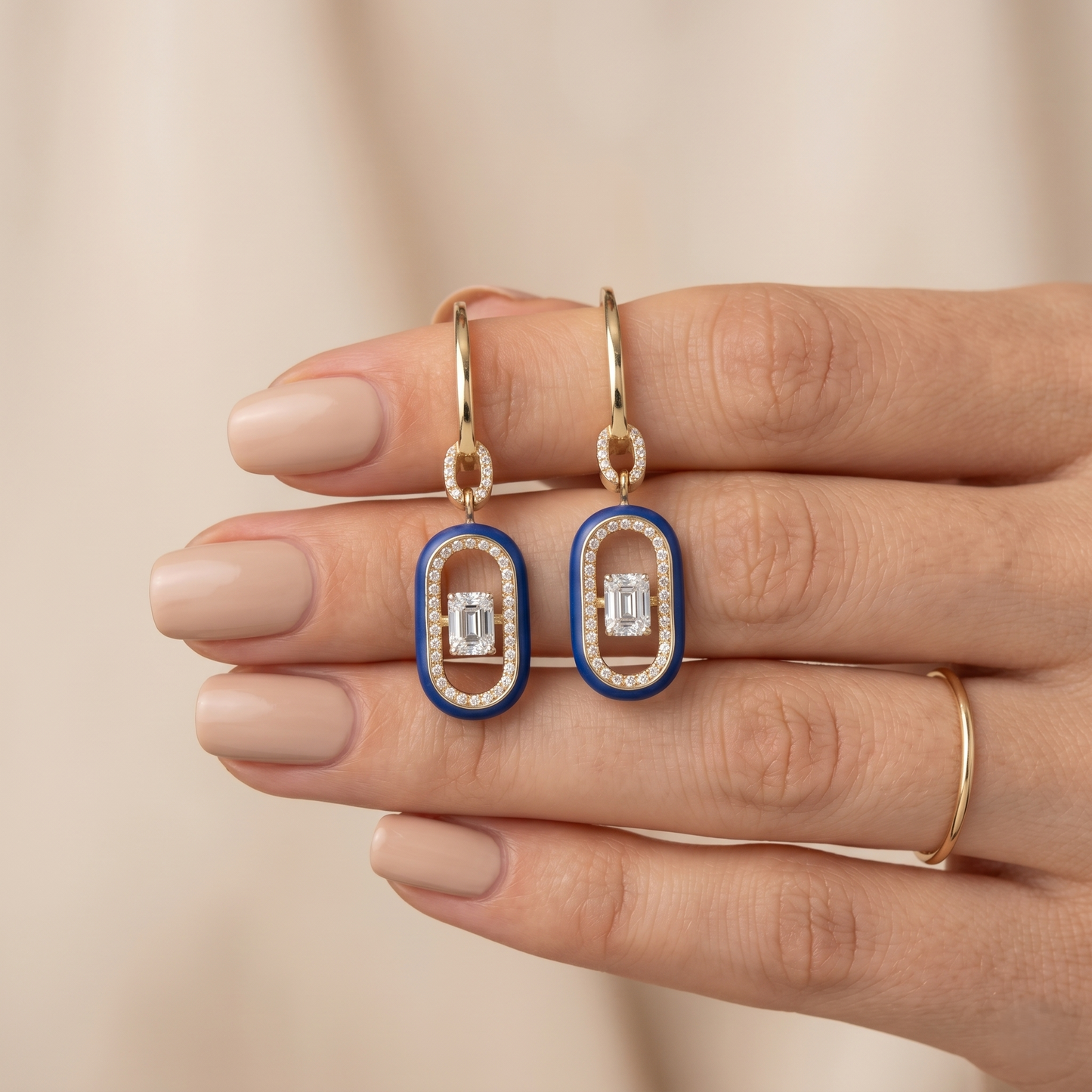Royal Blue Enamel Gold Dangle Earrings