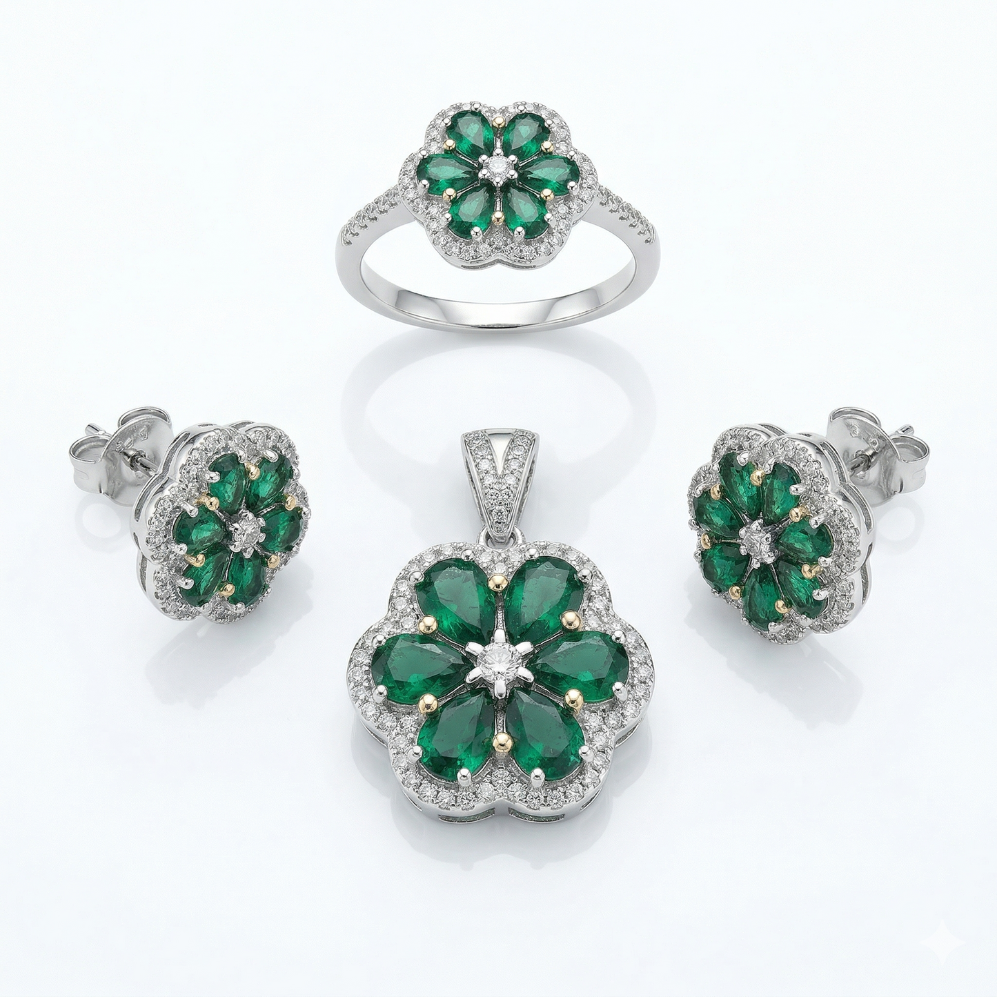 Floral Emerald 92.5 Silver Pendant Set