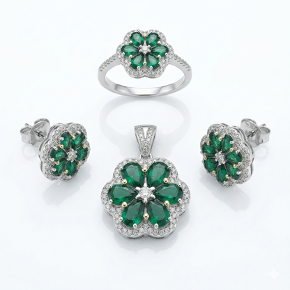 Floral Emerald 92.5 Silver Pendant Set