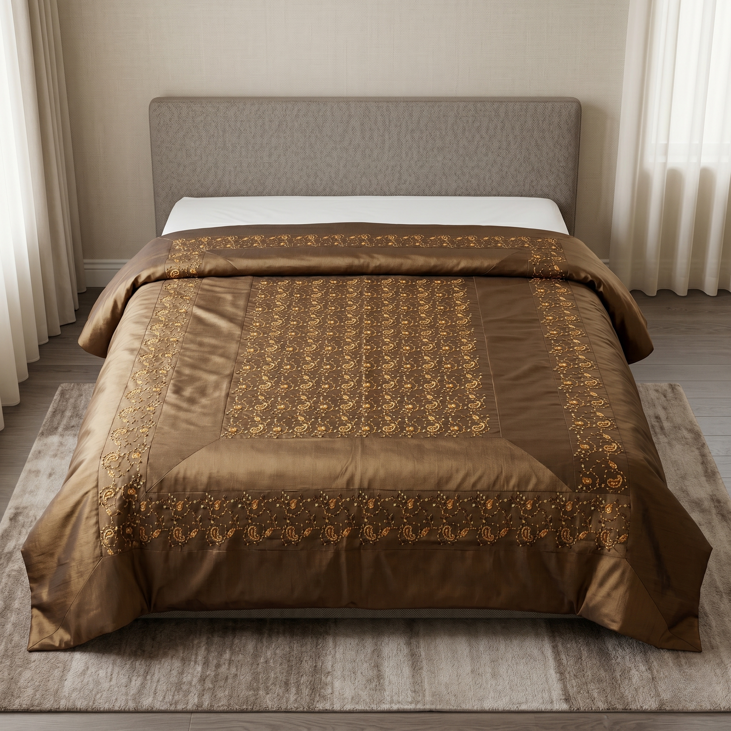 Royal Gold Embroidered Brown Silk Bedcover