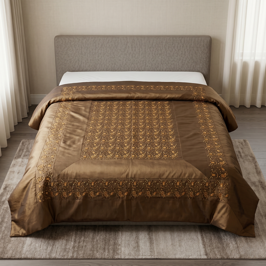 Royal Gold Embroidered Brown Silk Bedcover