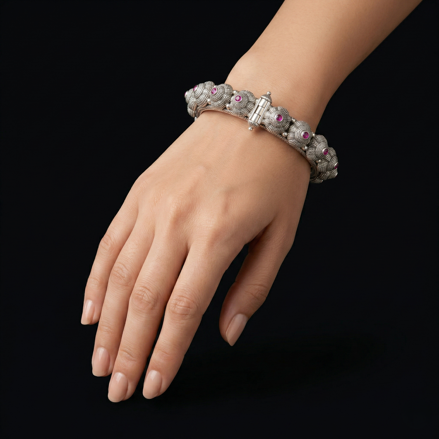 Antique Floral 92.5 Silver Ruby Kada