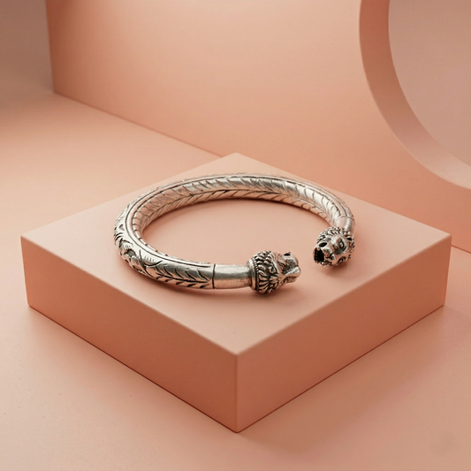 Classic Dual Lion Head Silver Kada