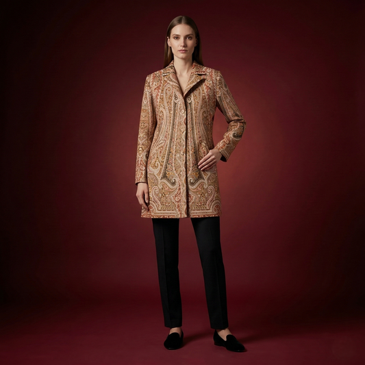 Ornate Earth-Tone Paisley Longline Coat
