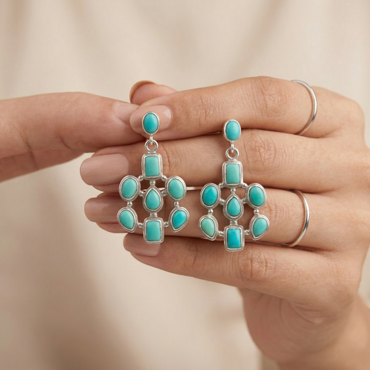 Handcrafted Silver Turquoise Floral Drop Earrings