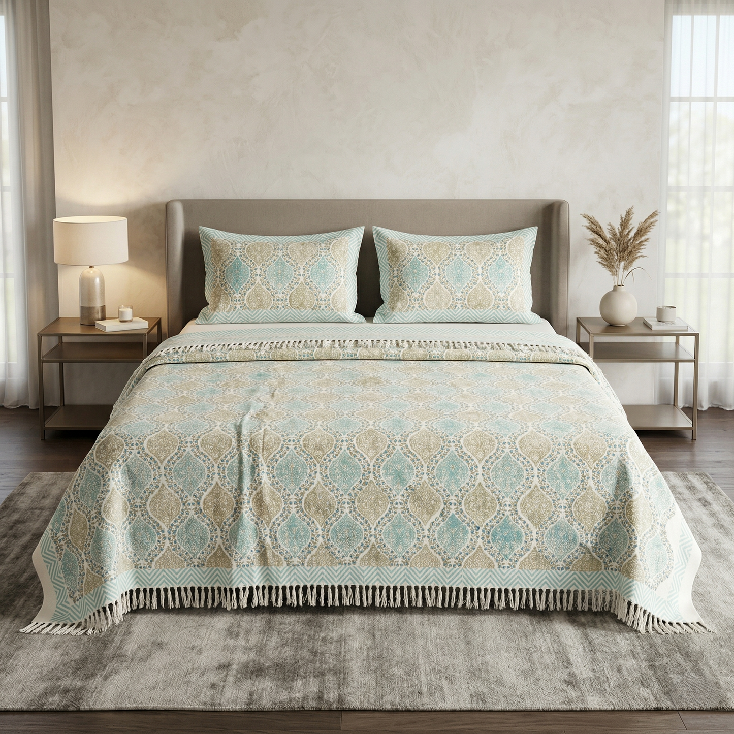Azure Heritage Damask Khadi Bedcover Set