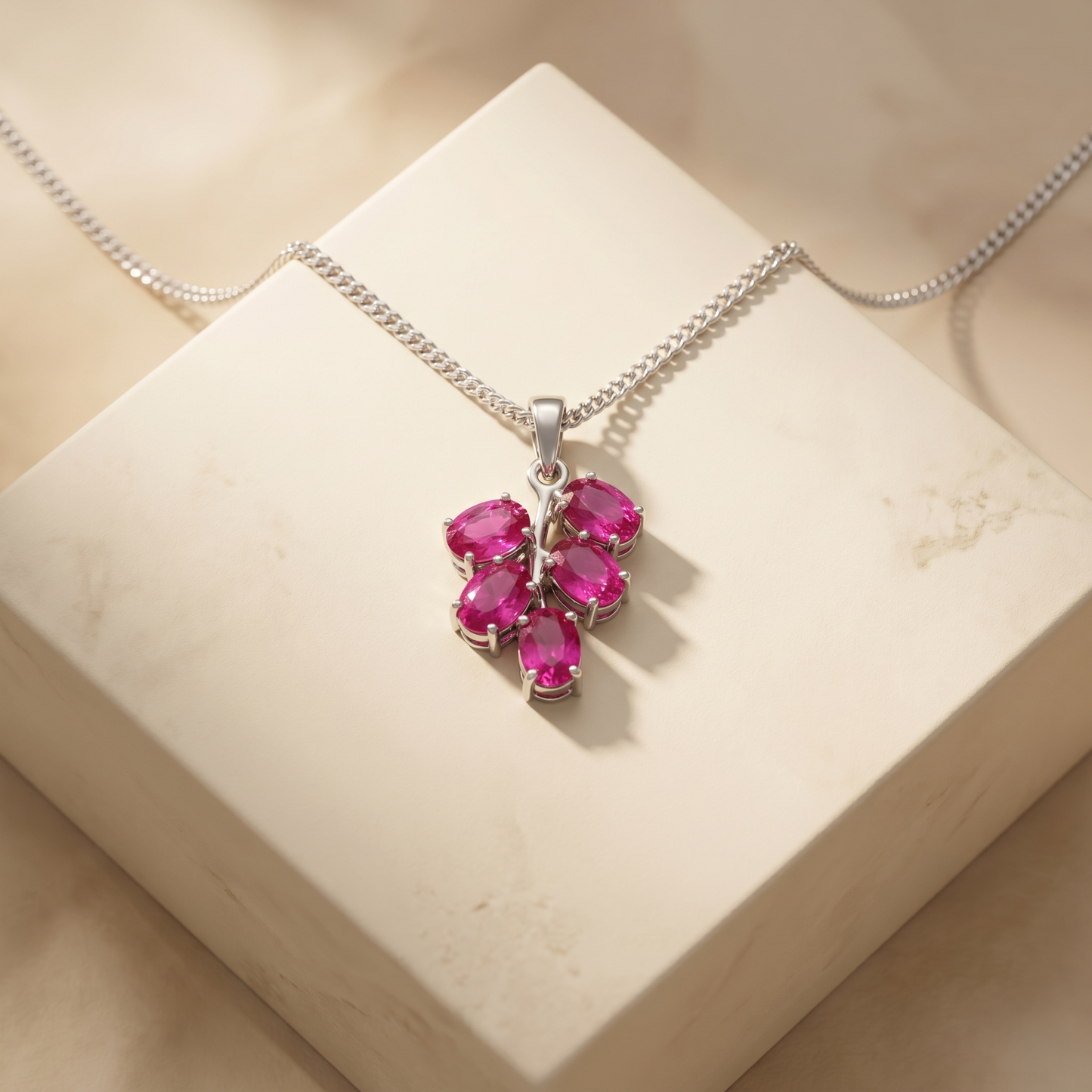 Handcrafted Silver Leafy Ruby Branch Pendant