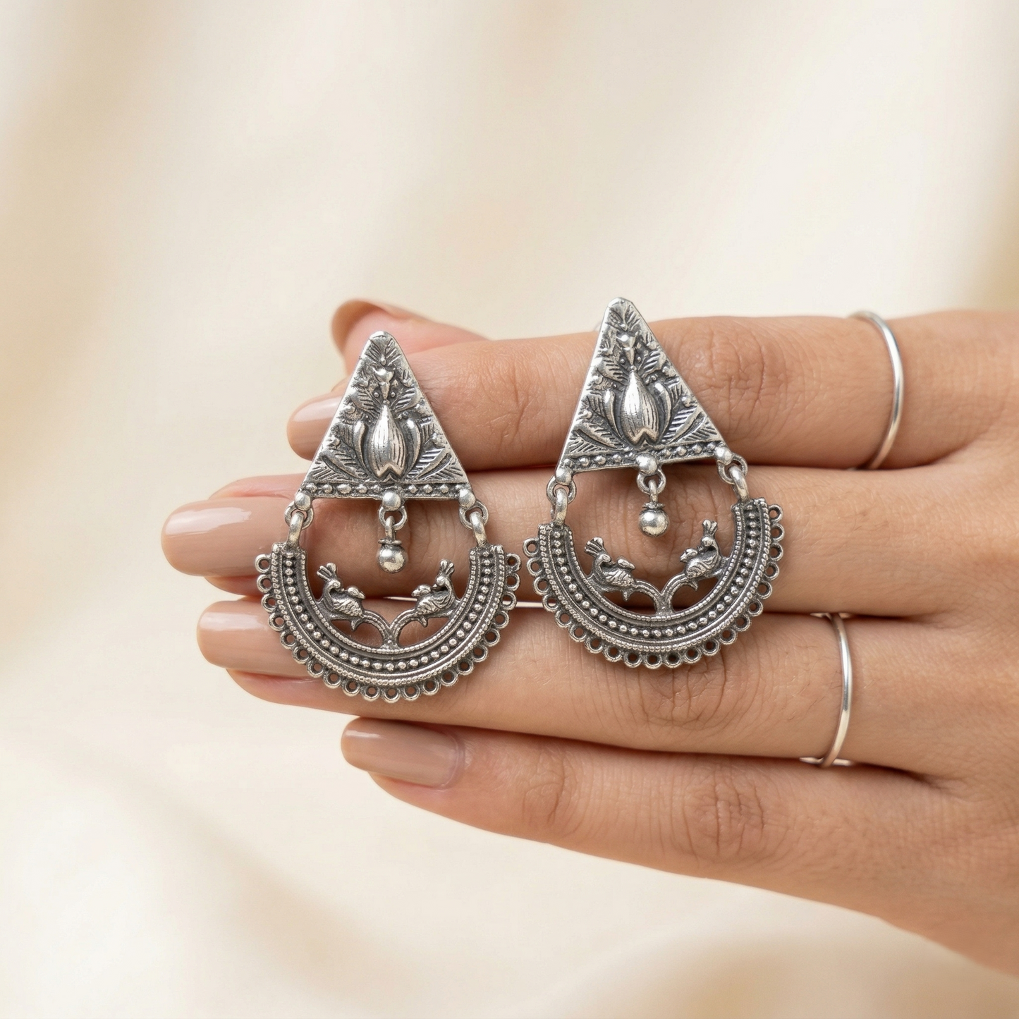 Vintage Oxidized Silver Tribal Peacock Chandbalis