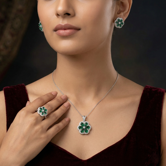 Floral Emerald 92.5 Silver Pendant Set