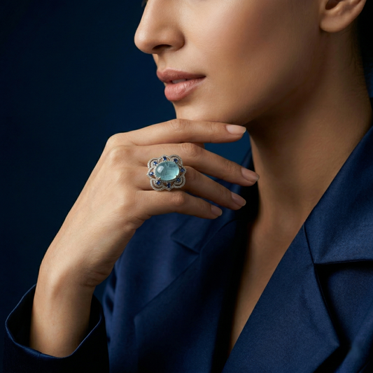 Elegant Floral Silver Aquamarine Cocktail Ring