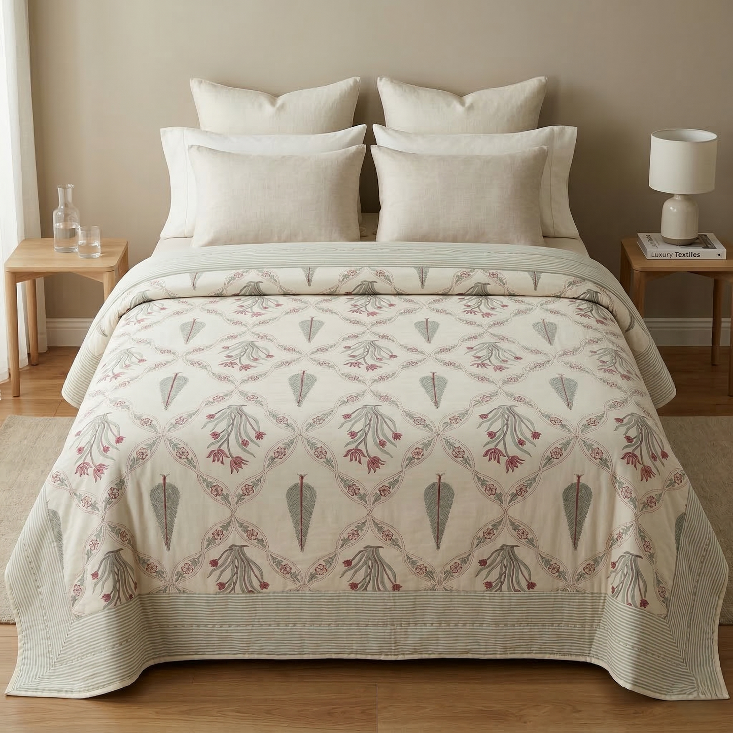 Elegant Sage Floral Lattice Cotton Quilt