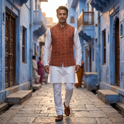 Heritage Ajrakh Print Silk Nehru Jacket