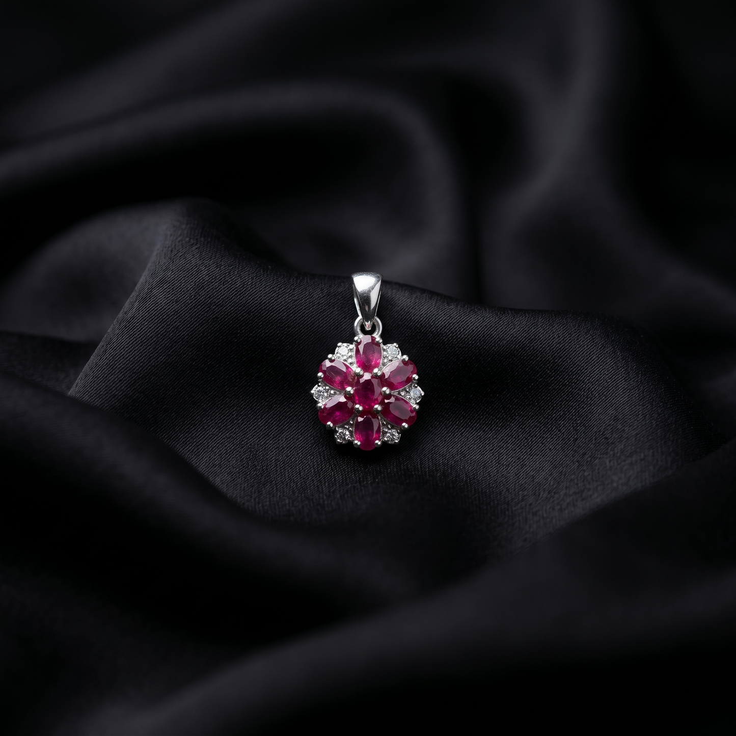 Exquisite Floral Ruby Silver Pendant Set