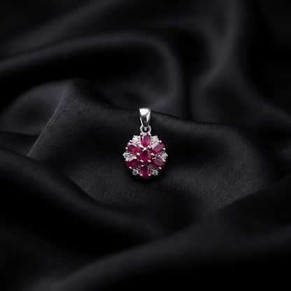 Exquisite Floral Ruby Silver Pendant Set