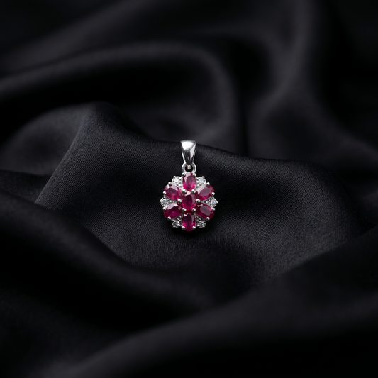 Exquisite Floral Ruby Silver Pendant Set