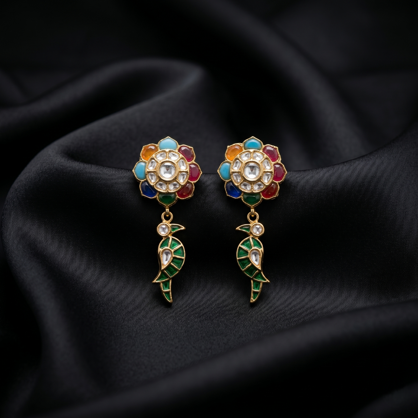 Multicolor Floral Gold Plated Silver Earrings