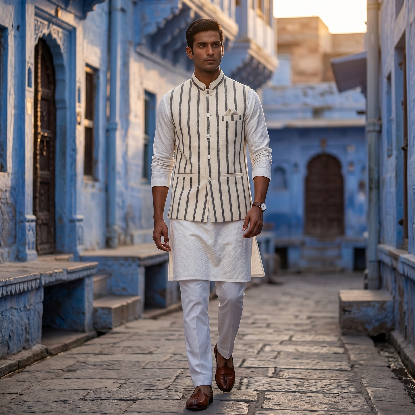 Handloomed Ivory and Charcoal Striped Waistcoat
