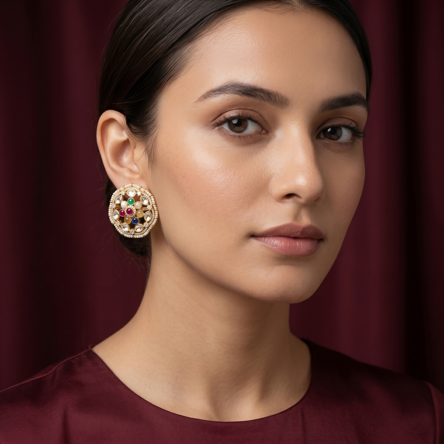 Navratna Inspired Gold Plated Silver Studs
