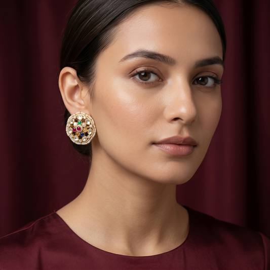 Navratna Inspired Gold Plated Silver Studs