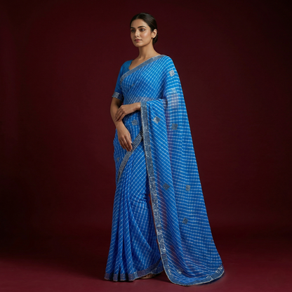 Elegant Blue Leheria Saree with Mirror Work