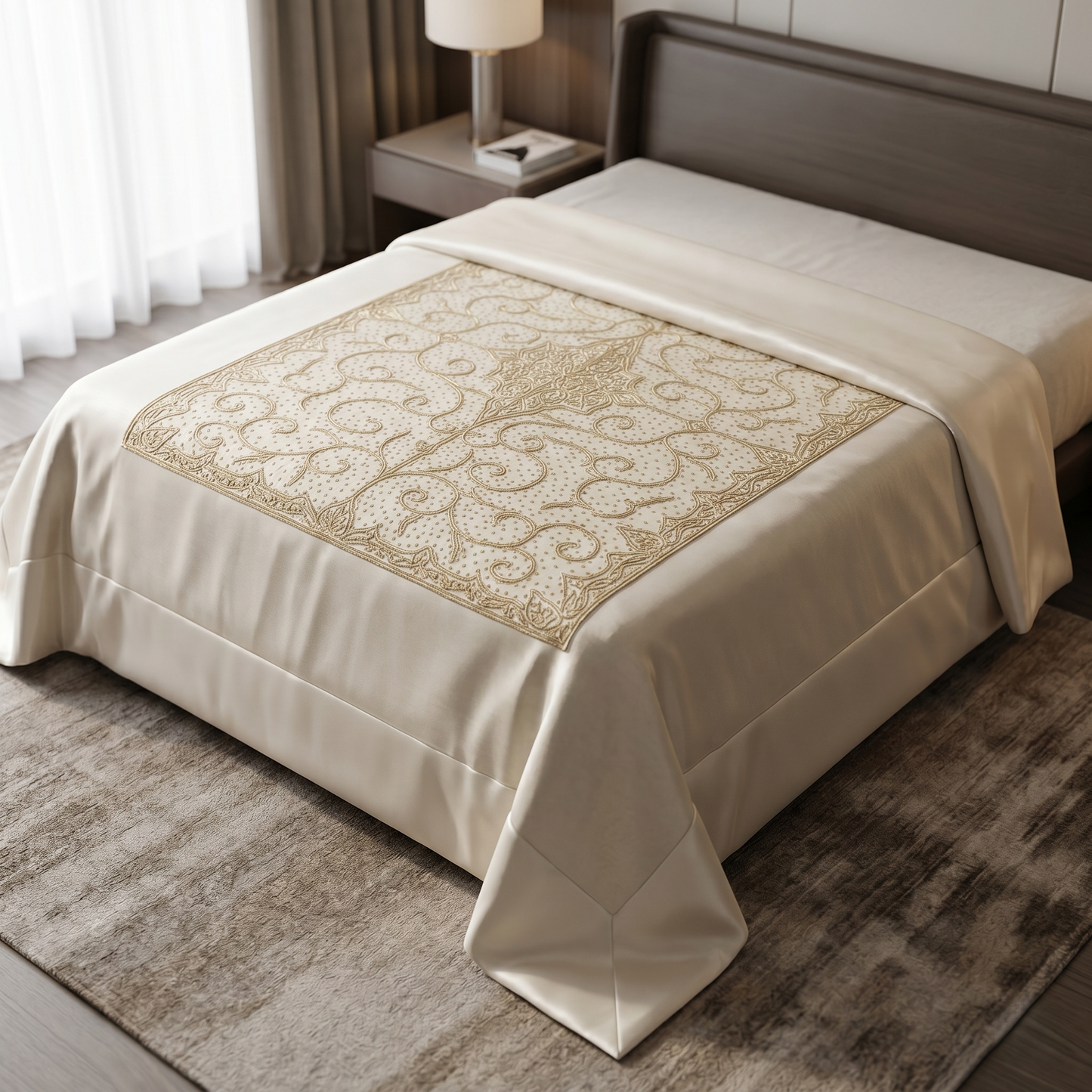 Silver Embroidered Ivory Silk Luxury Bedcover