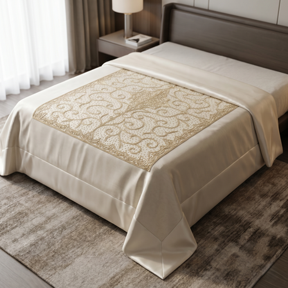 Silver Embroidered Ivory Silk Luxury Bedcover