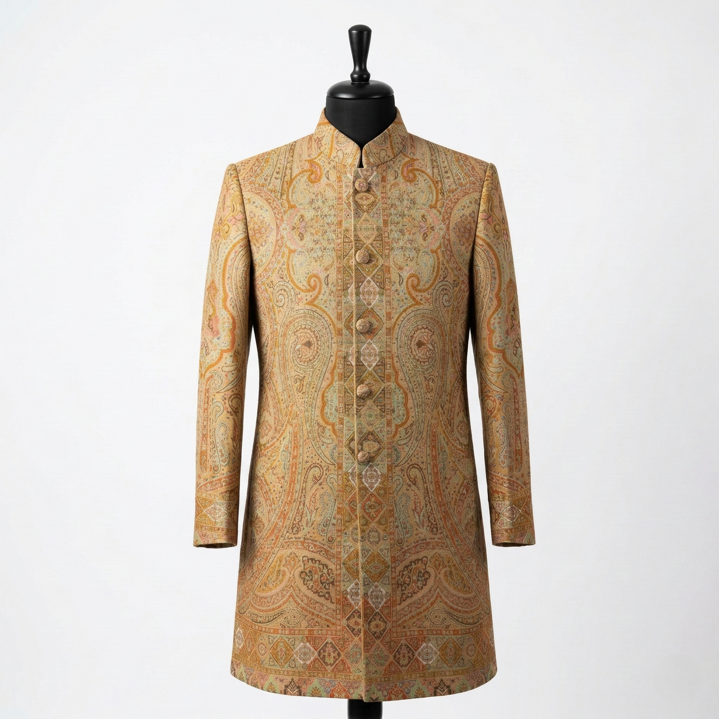 Ochre Paisley Silk Mandarin Collar Tunic Long Coat