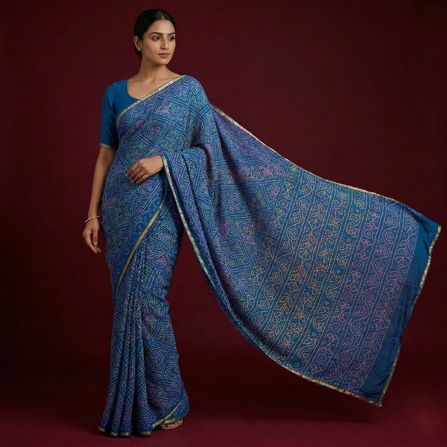 Azure Blue Bandhani Print Georgette Saree