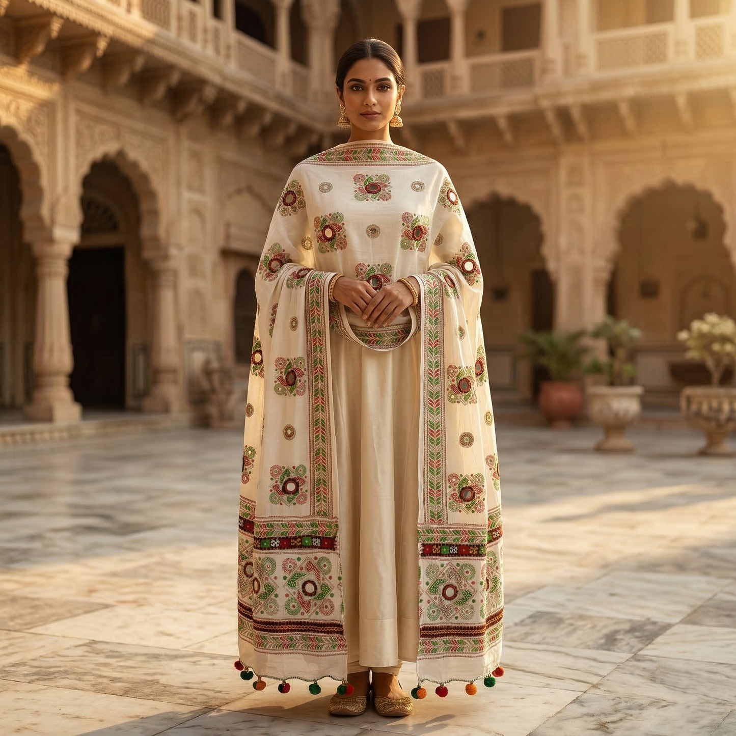 Ivory Phulkari Dupatta with Mirror Accents