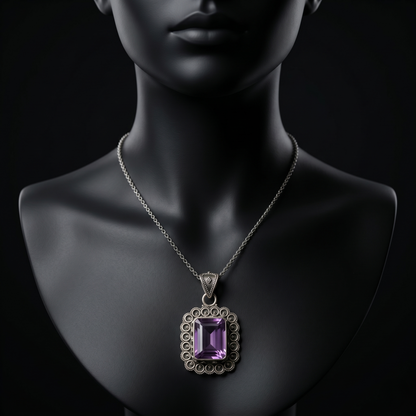 Heritage Amethyst Emerald-Cut Silver Pendant
