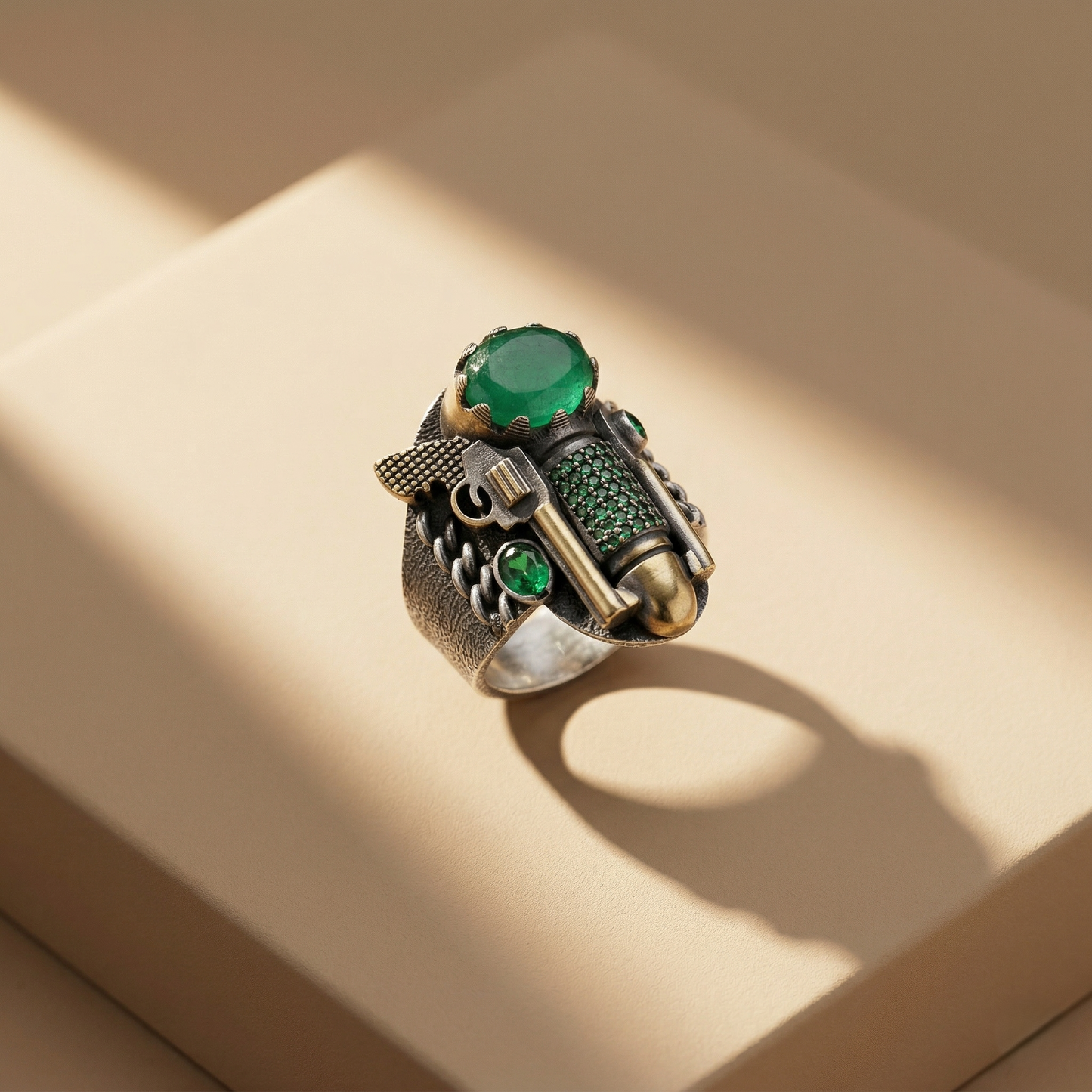 Emerald Revolver Ornate Silver Men's Ring