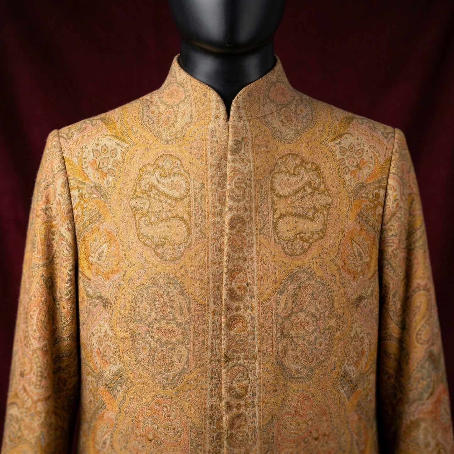 Regal Elegance in Golden Artisan Jacquard Long Coat